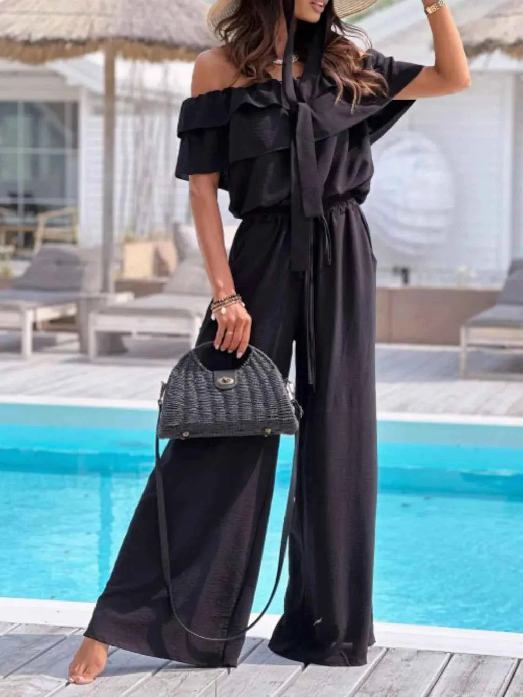 Off-Shoulder Ruffled Short Sleeve Wide Leg Jumpsuit