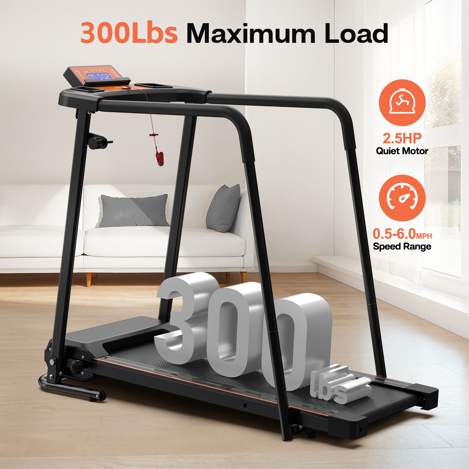 Home Fitness Treadmill With Extended Handrails, Portable Foldable Design - Black / Orange
