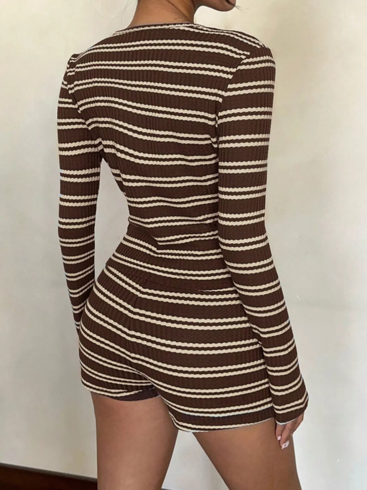 Striped Button-Down Cardigan and Shorts Set