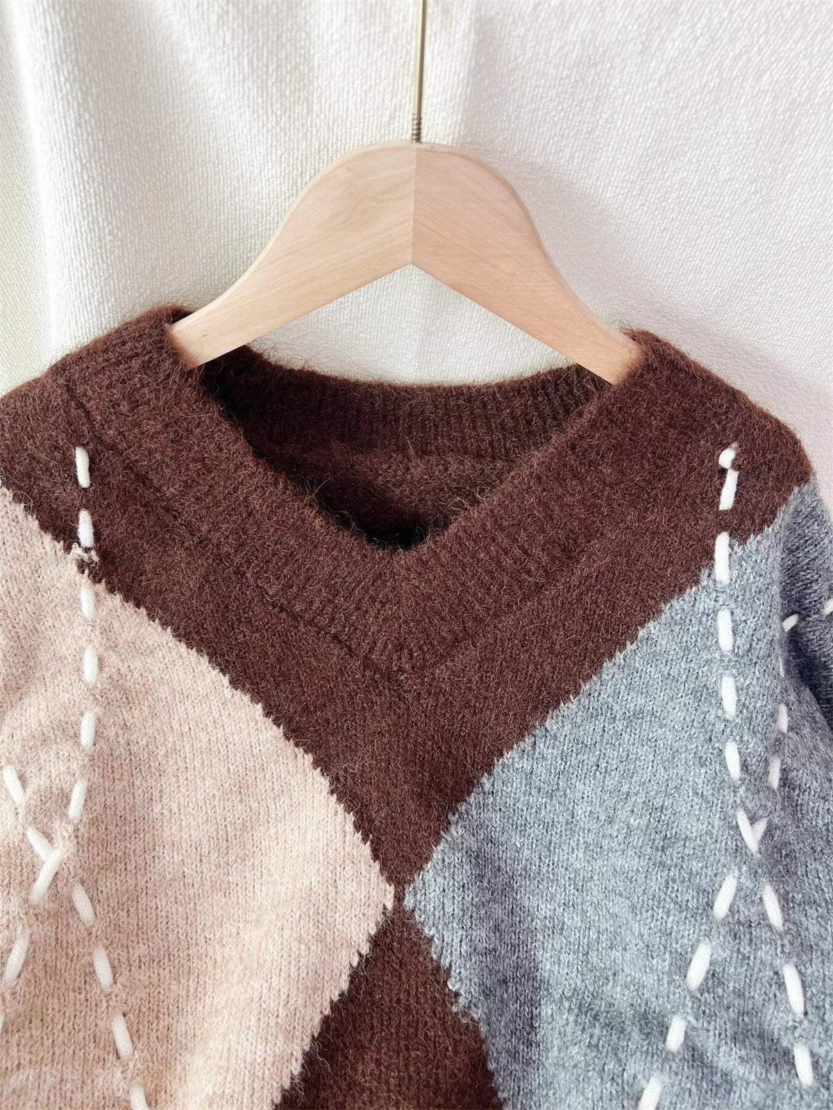 Argyle Pattern V-Neck Oversized Sweater