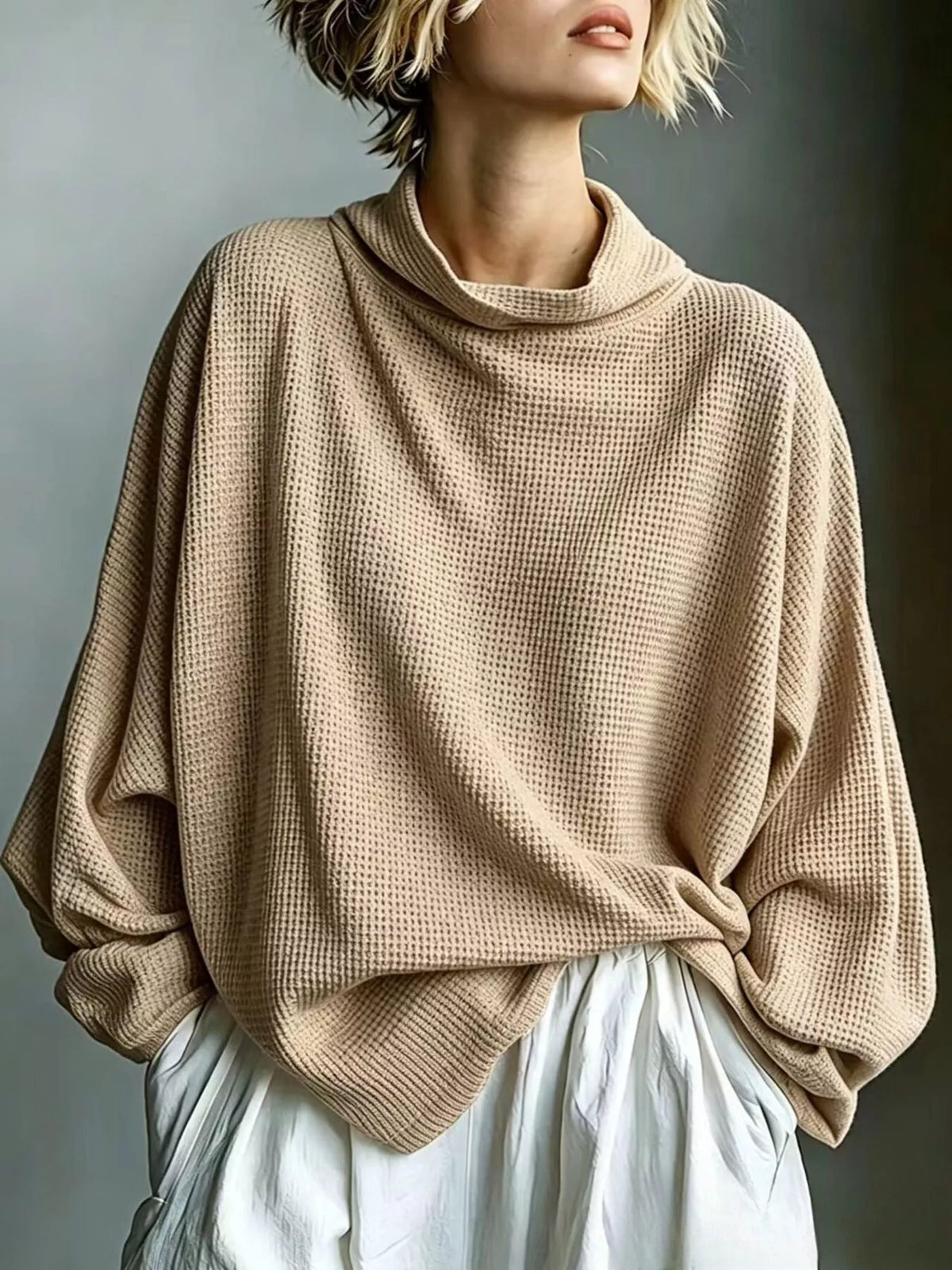 Full Size Oversized Waffle Knit Mock Neck T-Shirt Plus Size