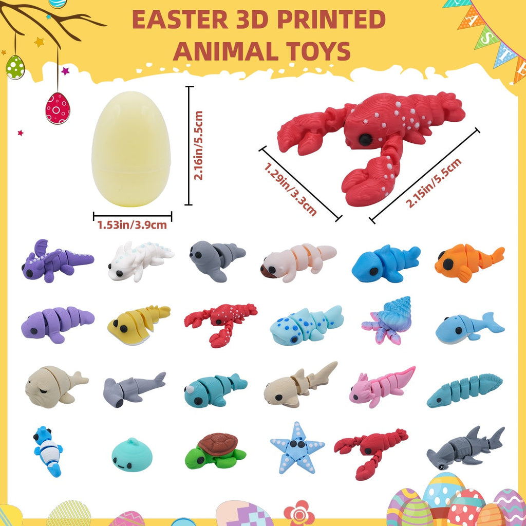 24PCS 3D Printed Mini Ocean Animals With 6 Easter Eggs, Articulated Flexible Sea Creature Figures, Shark Turtle Lobster Starfish Fish Assortment