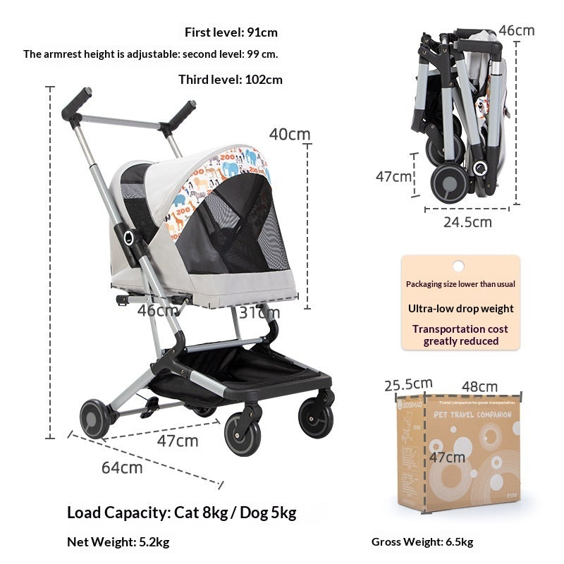 Ultra-lightweight Pet Stroller For Cats And Dogs All-in-one Foldable For Compact Storage Spacious With Adjustable Handle Heights