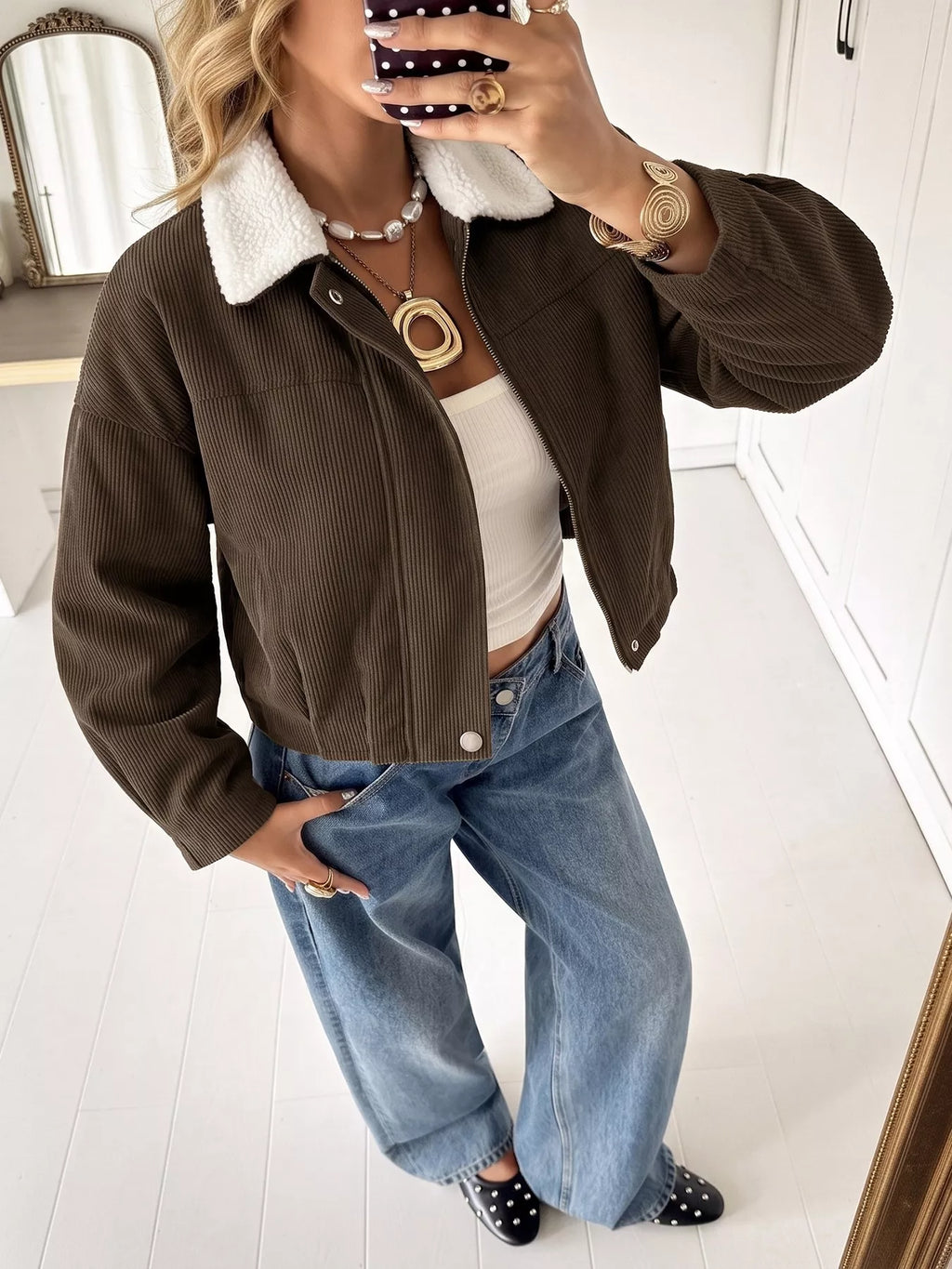 Contrast Sherpa Collar Corduroy Zip Up Jacket