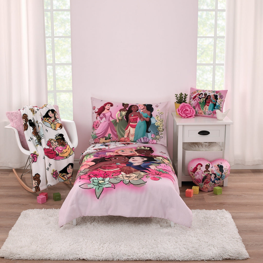 Disney Princesses Courage and Kindness Pink, Blue, Green and Yellow Ariel and Snow White, Tiana and Moana, Cinderella, and Jasmine Toddler Pillow