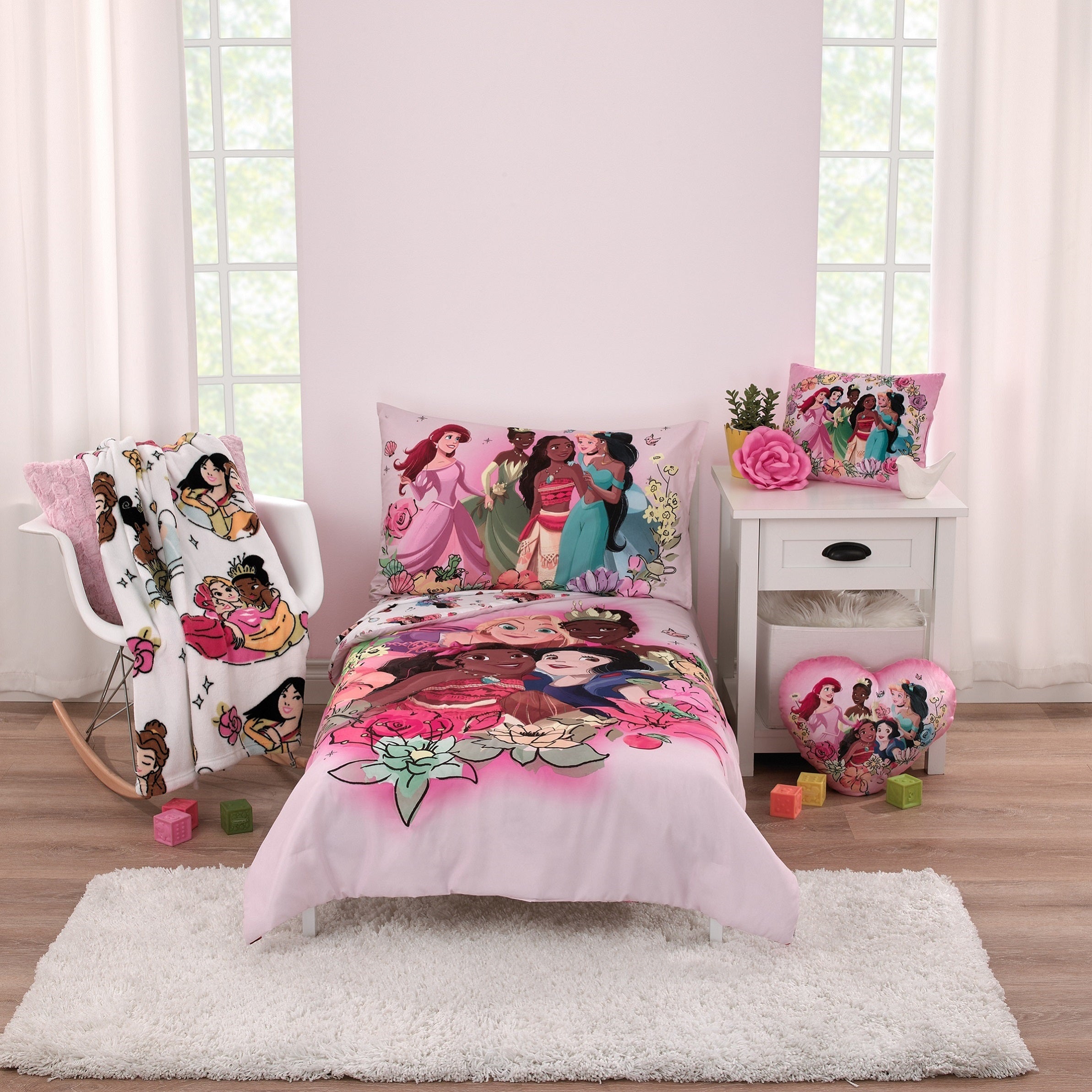 Disney Princesses Courage and Kindness Pink, Blue, Green and Yellow Ariel and Snow White, Tiana and Moana, Cinderella, and Jasmine Toddler Pillow