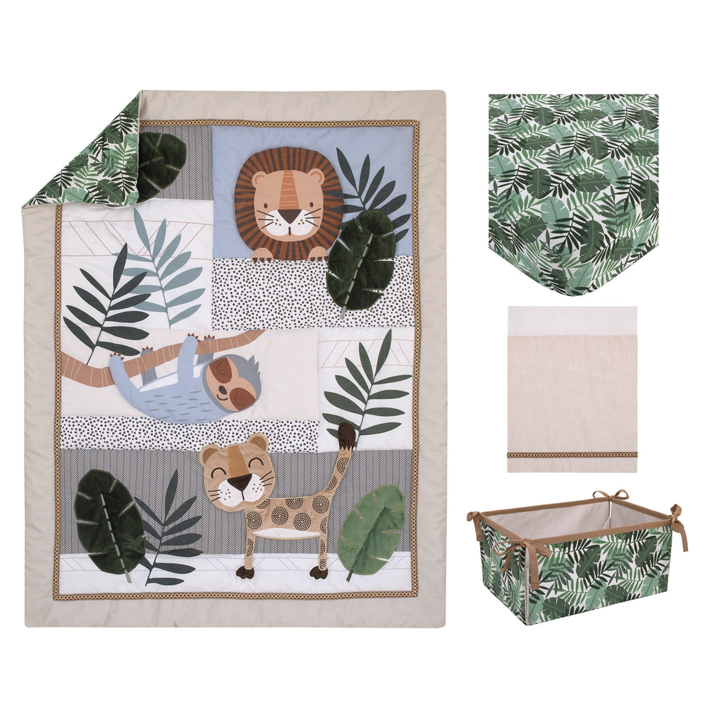 Jungle Paradise Green, Gray, and Tan Lion, Sloth, and Leopard Palm Leaf 4 Piece Nursery Crib Bedding Set - Comforter, 100% Cotton Fitted Sheet, Crib Skirt, and Storage Caddy