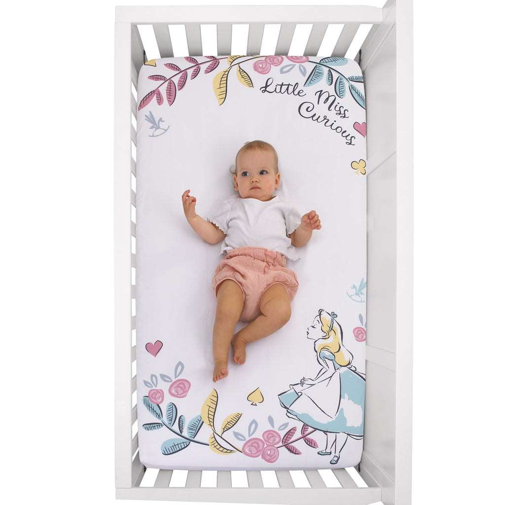 Disney Alice in Wonderland Light Blue, Pink, Yellow, and White Nursery Photo Op Fitted Crib Sheet