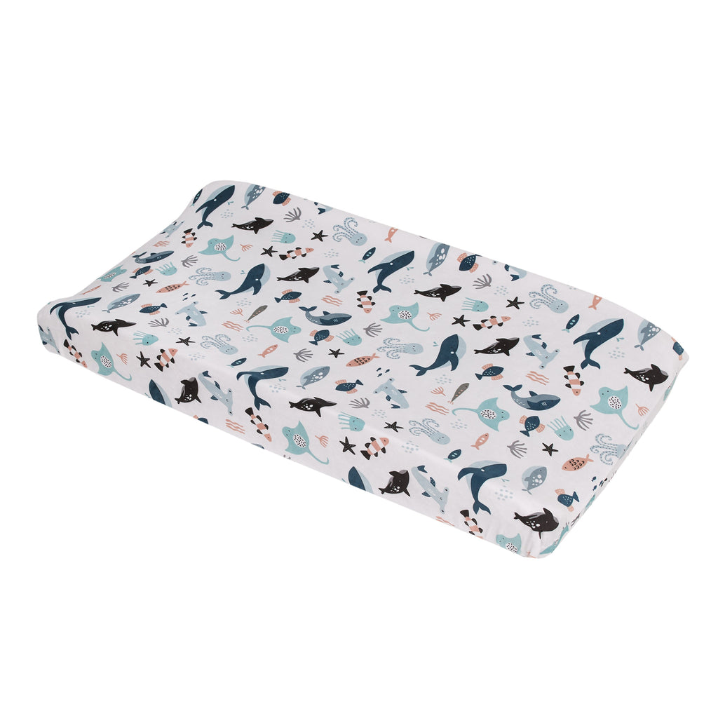 Explore Dream Discover Light Blue, Navy, Gray, and Coral Super Soft Contoured Changing Pad Cover