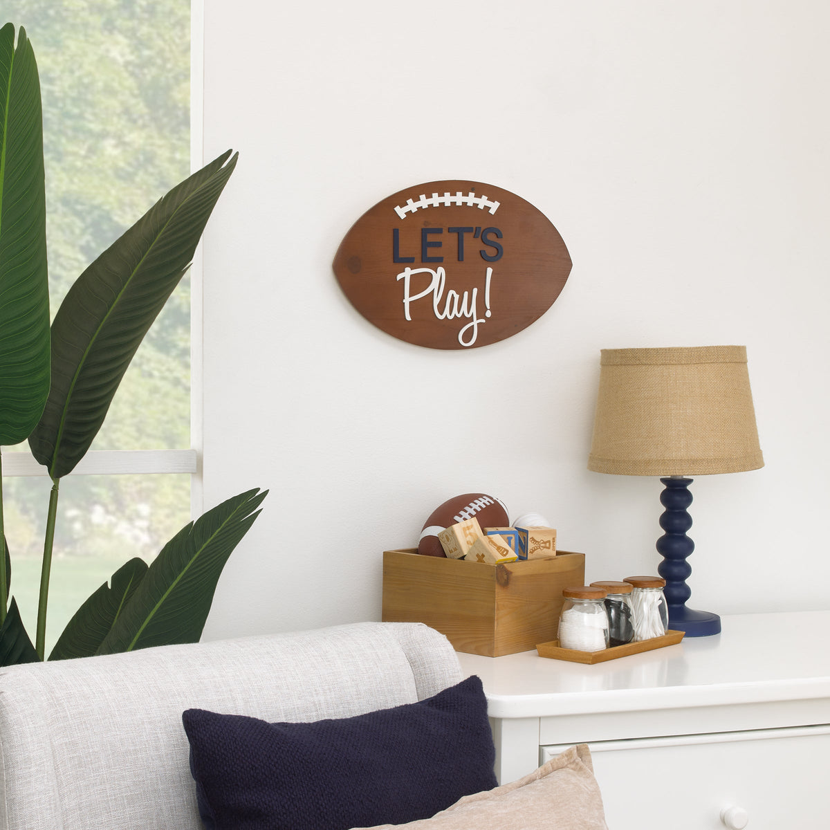 Football Shaped Let's Play Brown and White Wood Wall DÃ©cor