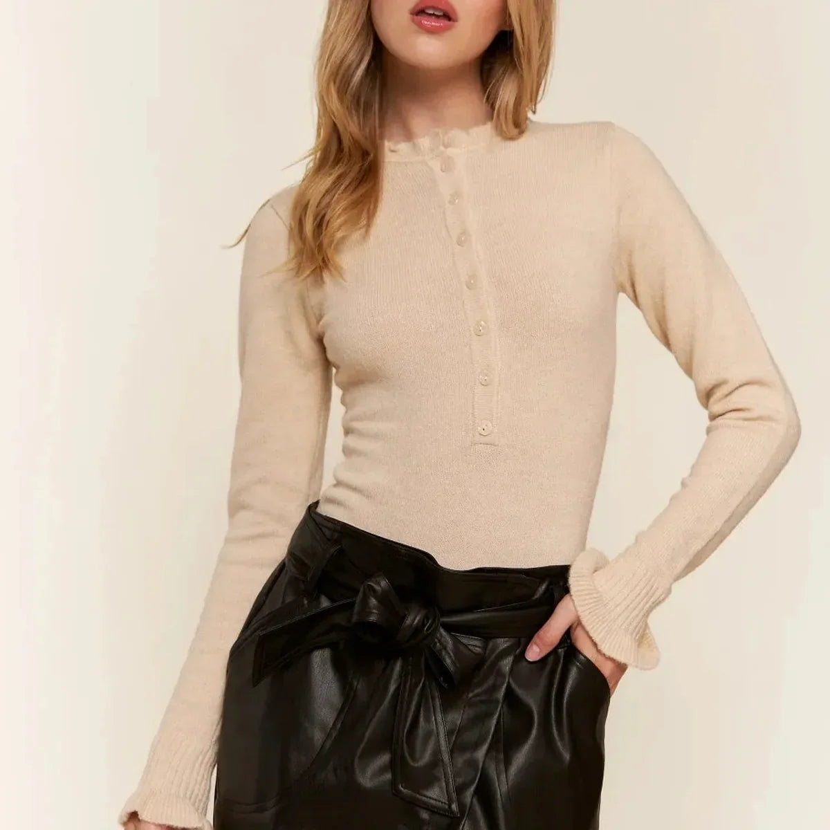 Half-Button Long Sleeve Bodysuit with Round Neck