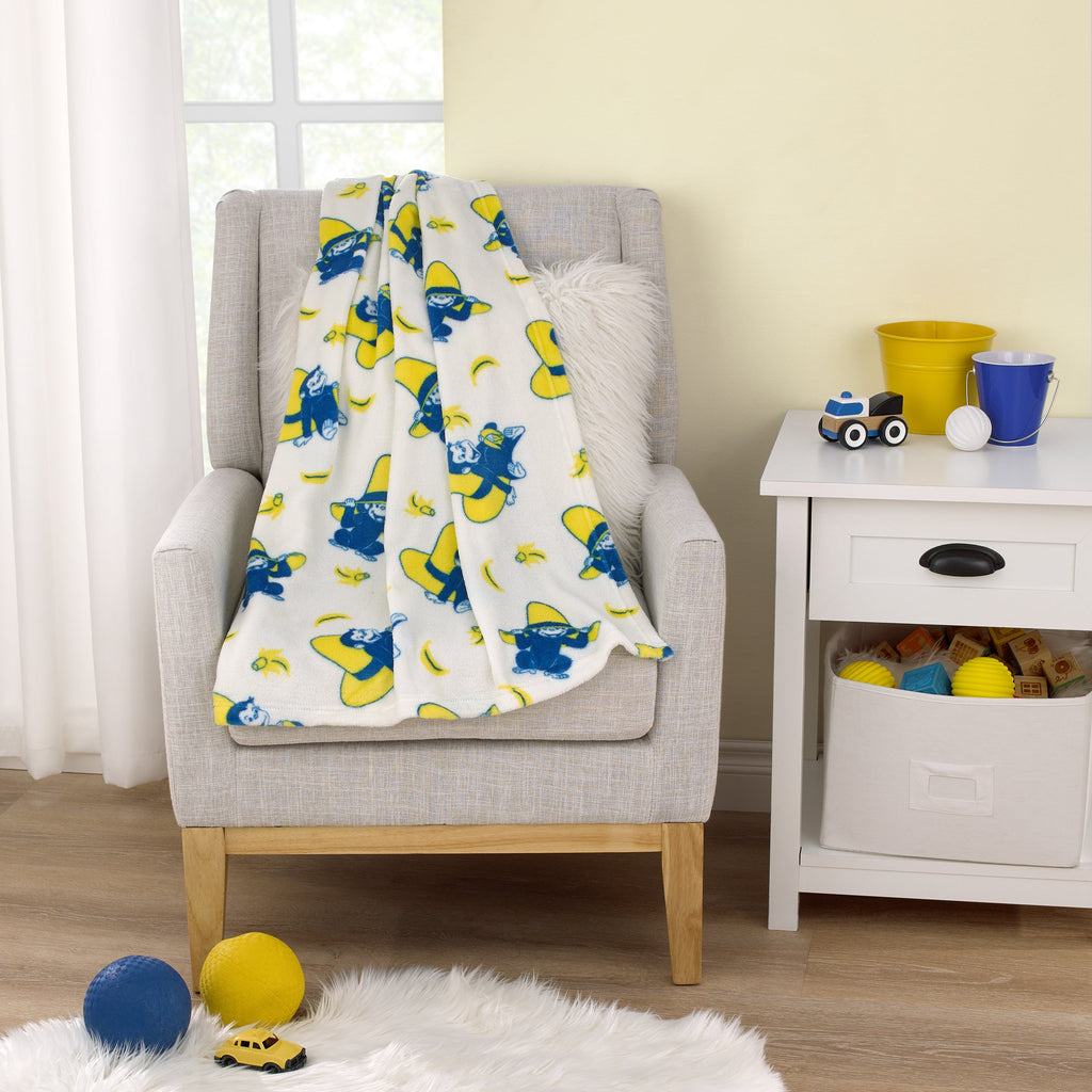 Curious George White, Navy and Yellow Hat and Bananas Super Soft Baby Blanket