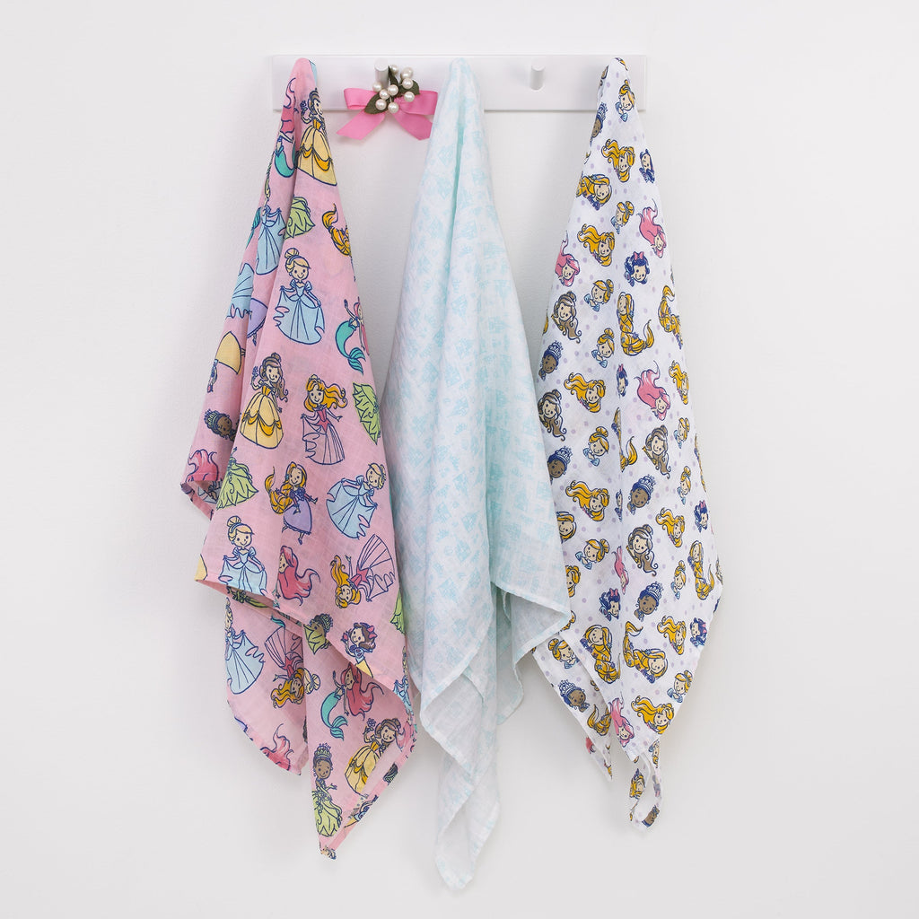 Disney Princesses Pink, Aqua, Lavender, Green, and White 3 Piece Muslin Swaddle Baby Blanket Set