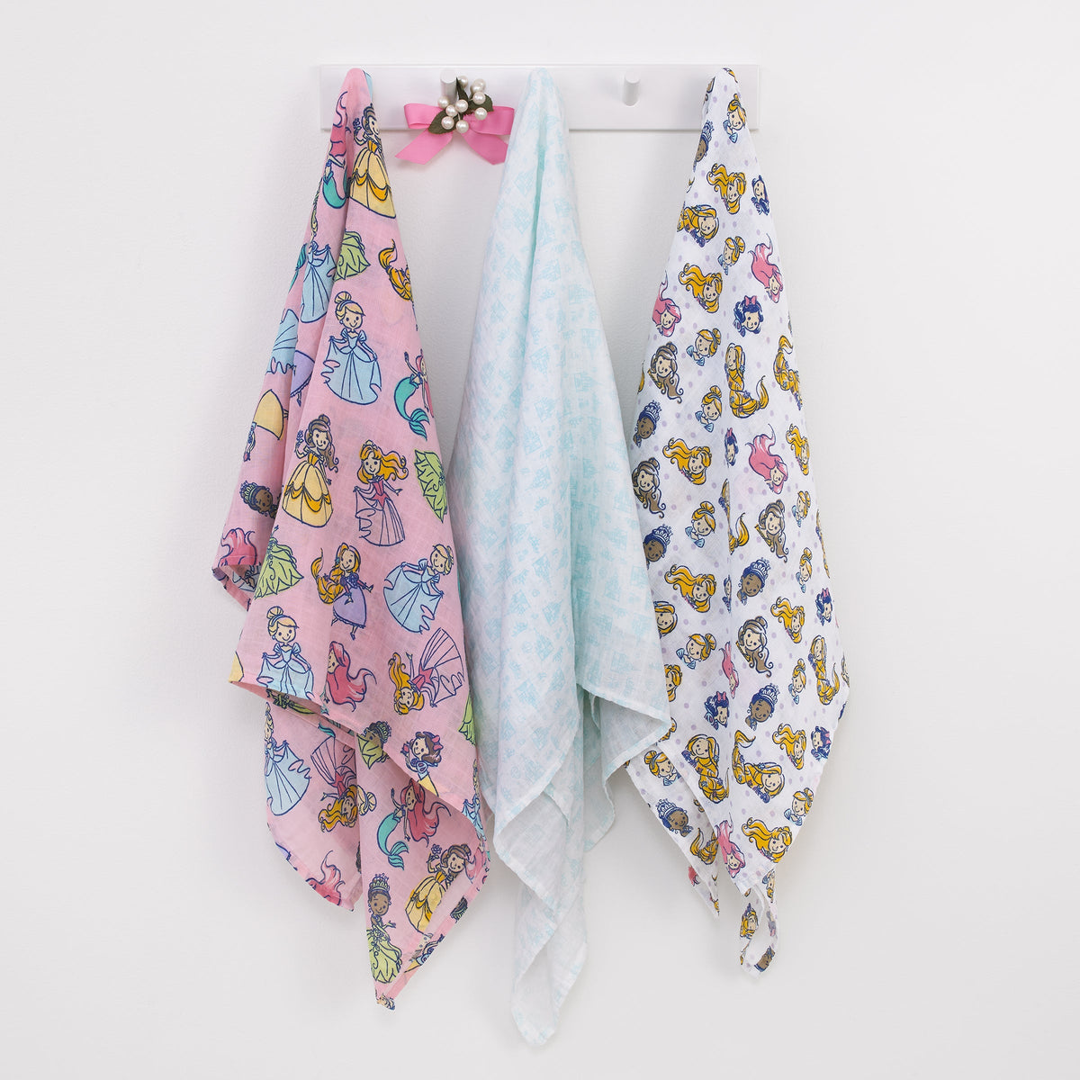 Disney Princesses Pink, Aqua, Lavender, Green, and White 3 Piece Muslin Swaddle Baby Blanket Set