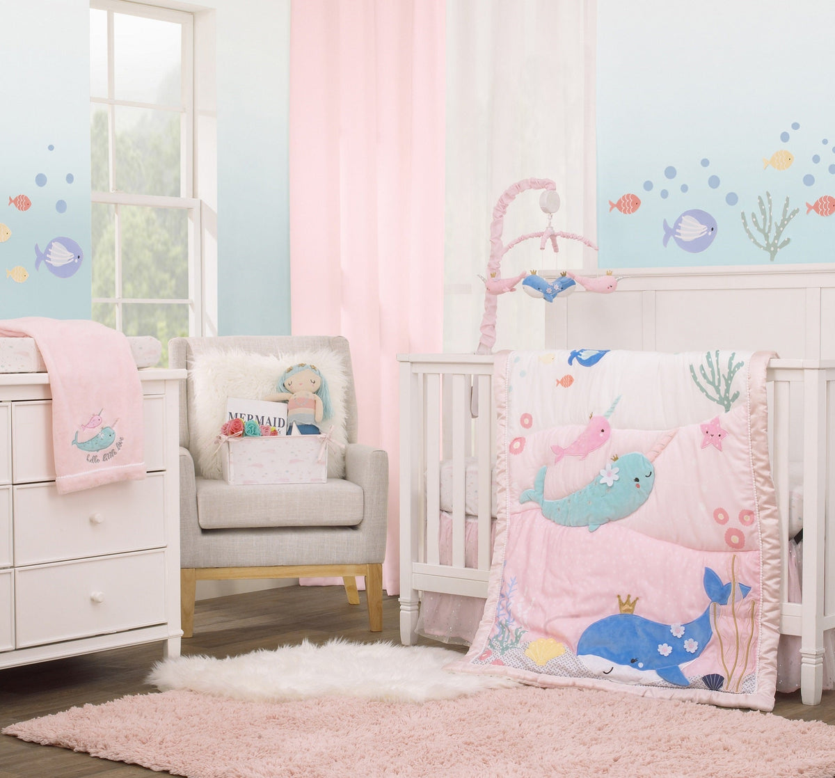Under the Sea Whimsy Pink Narwhals Super Soft Changing Pad Cover