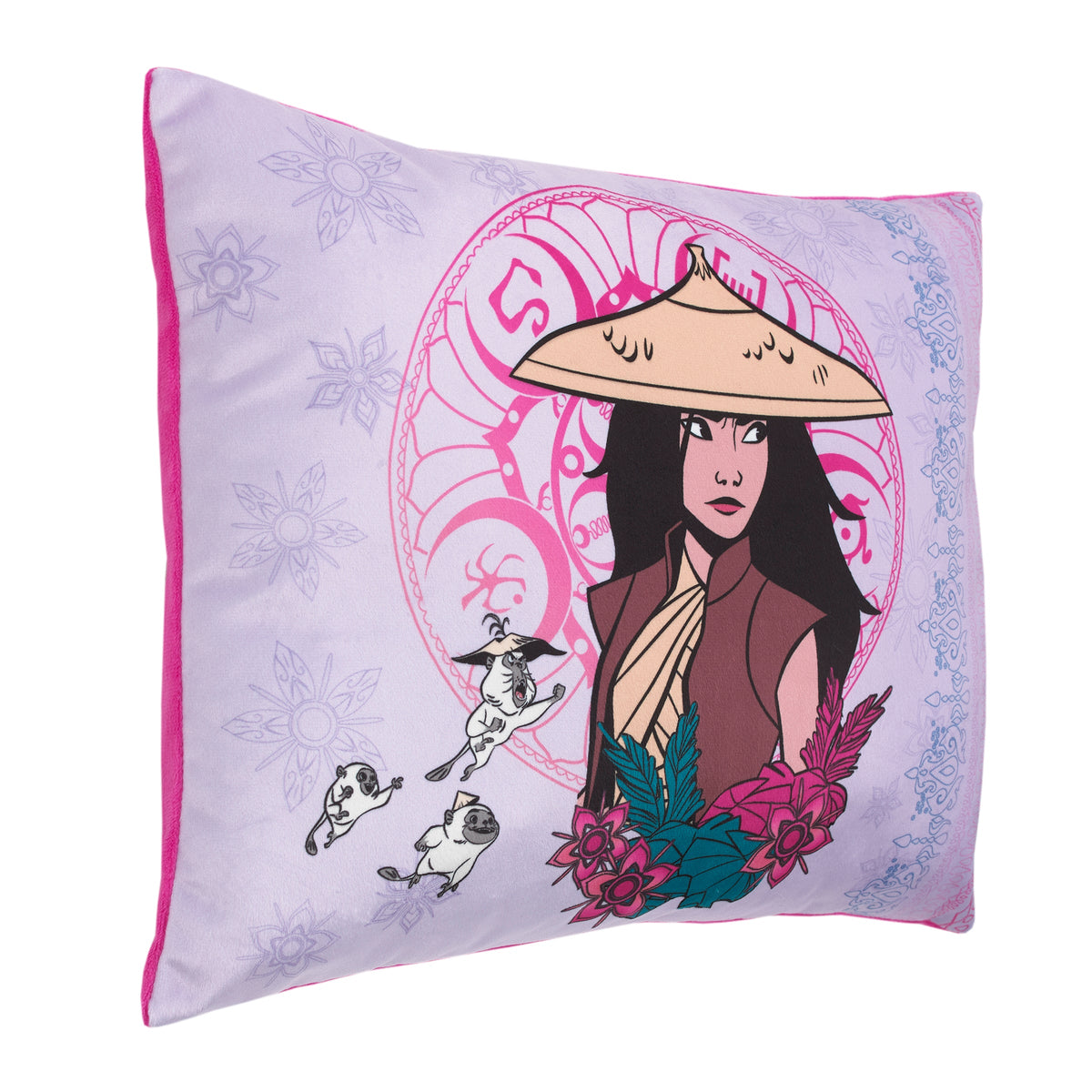 Disney Raya and the Last Dragon Mythic Pop with Ongis Lavender, Purple, and Magenta and Flowers Decorative Pillow