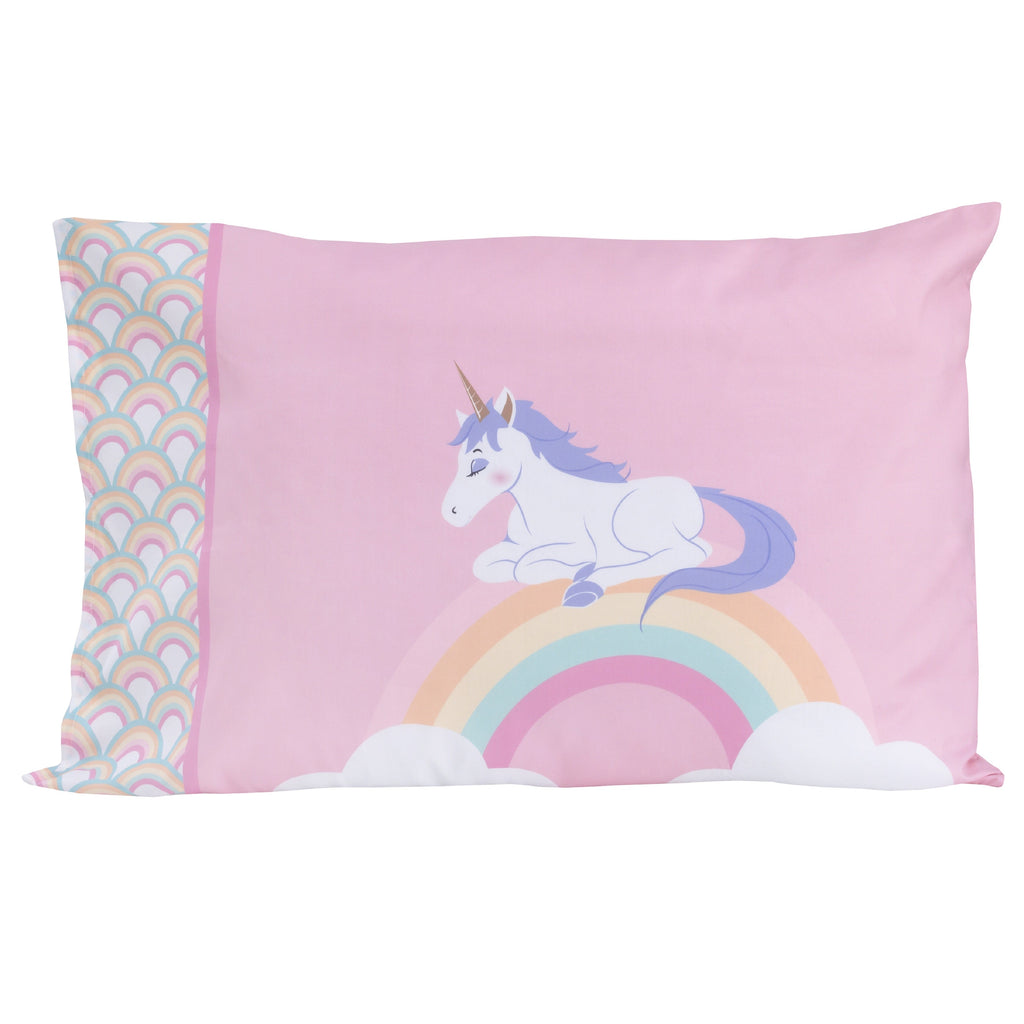 Everything Kids Rainbow Unicorn Pink, White and Rainbows 4 Piece Toddler Bed Set - Comforter, Fitted Bottom Sheet, Flat Top Sheet and Reversible Pillowcase
