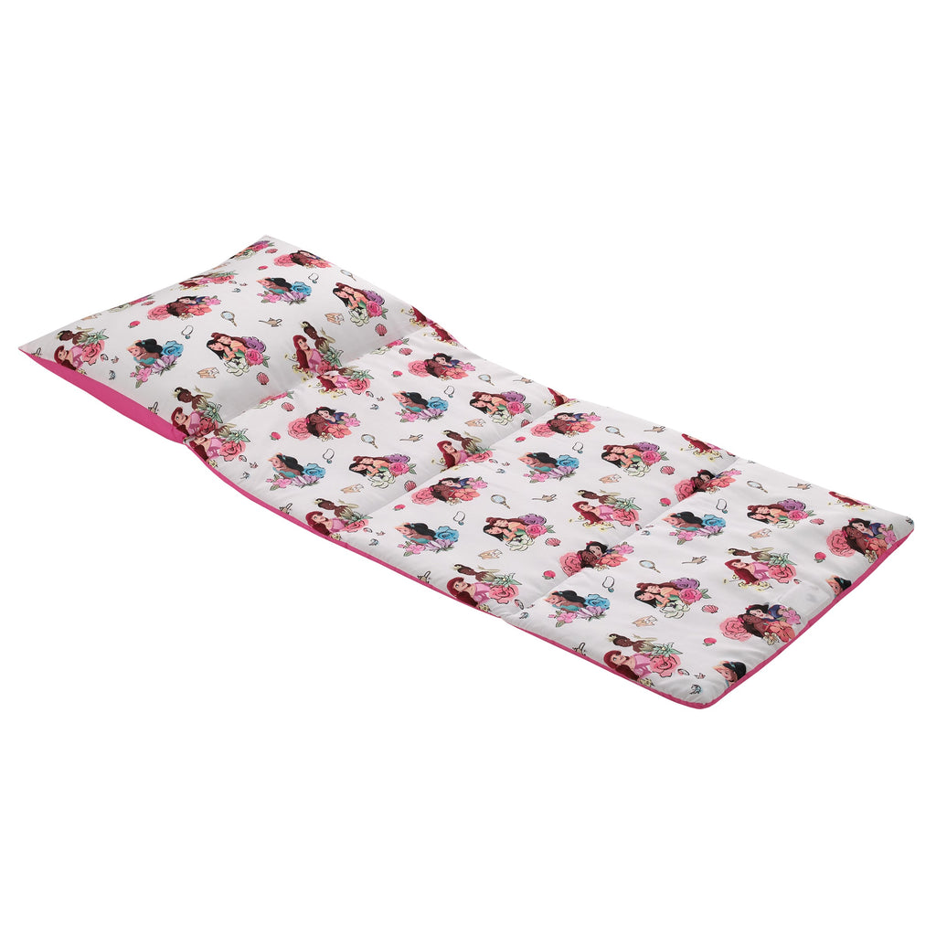 Princesses Courage and Kindness Pink, Blue, and White Ariel, Tiana, Moana, Jasmine, Cinderella, Mulan, Belle, and Snow White Deluxe Easy Fold Toddler Nap Mat