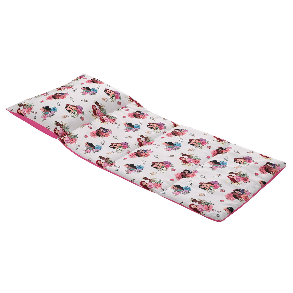 Princesses Courage and Kindness Pink, Blue, and White Ariel, Tiana, Moana, Jasmine, Cinderella, Mulan, Belle, and Snow White Deluxe Easy Fold Toddler Nap Mat