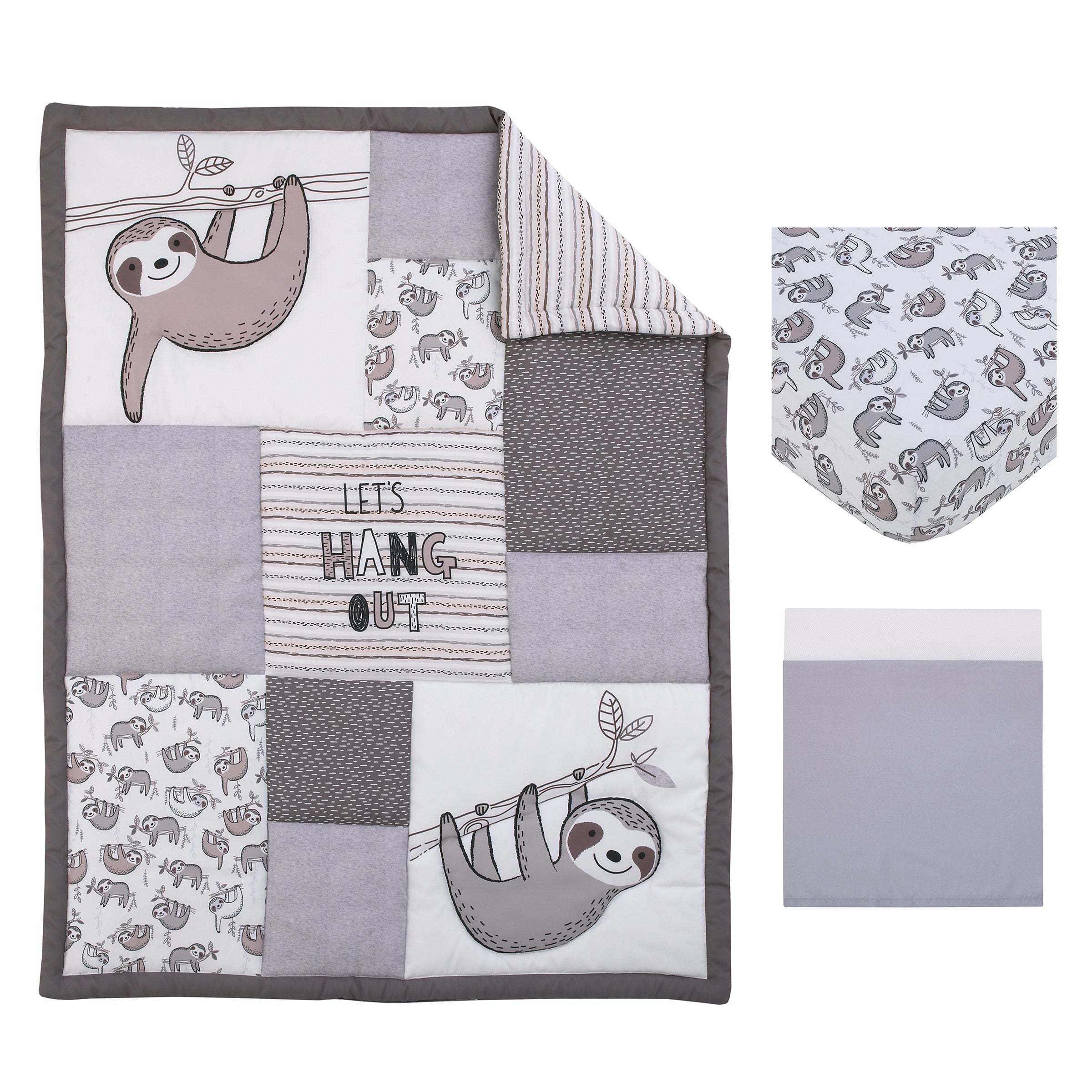 Sloth Let's Hang Out Grey, White and Charcoal 3 Piece Nursery Crib Bedding Set - Comforter, Crib Sheet, Dust Ruffle