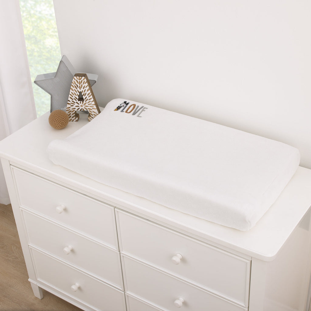 Mickey Mouse Love Mickey White, Gray, and Tan Love Applique Super Soft Contoured Changing Pad Cover