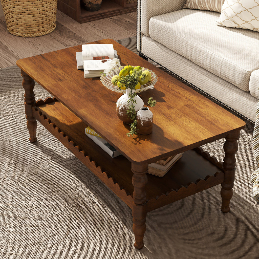 Rectangle Solid Wood Coffee Table with Storage Shelf - Natural Finish