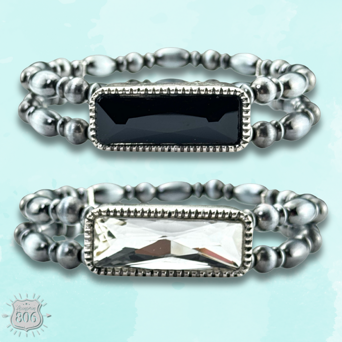 Burnished silver bead rhinestone bracelet