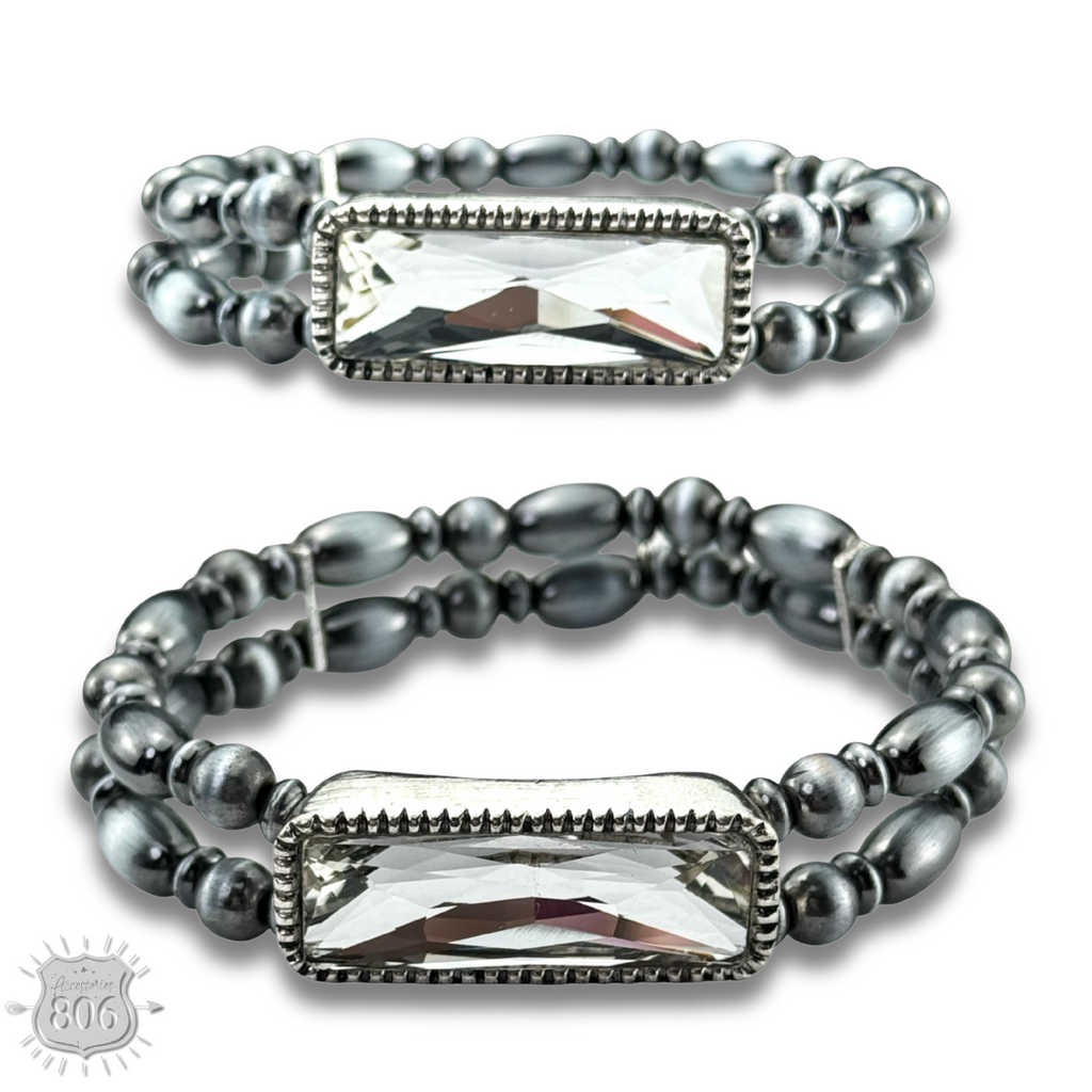 Burnished silver bead rhinestone bracelet