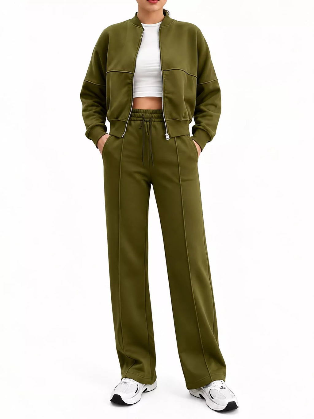 Casual Zip-Up Jacket and Wide-Leg Sweatpants Set