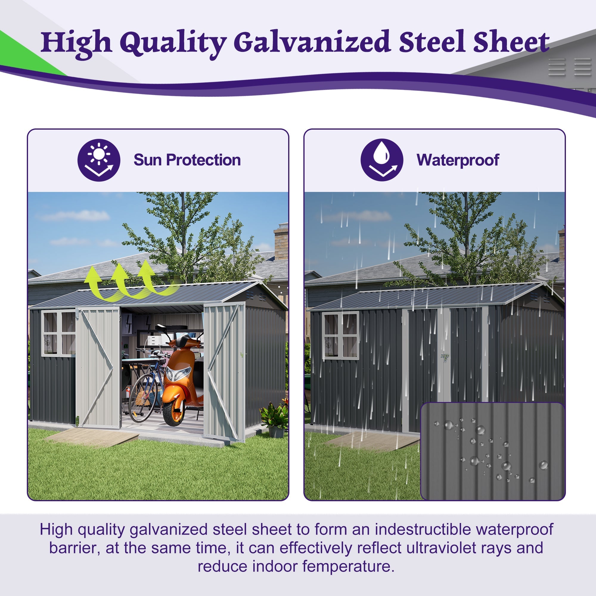 10X8FT Outdoor Steel Storage Shed with Clear Window, Lockable Doors
