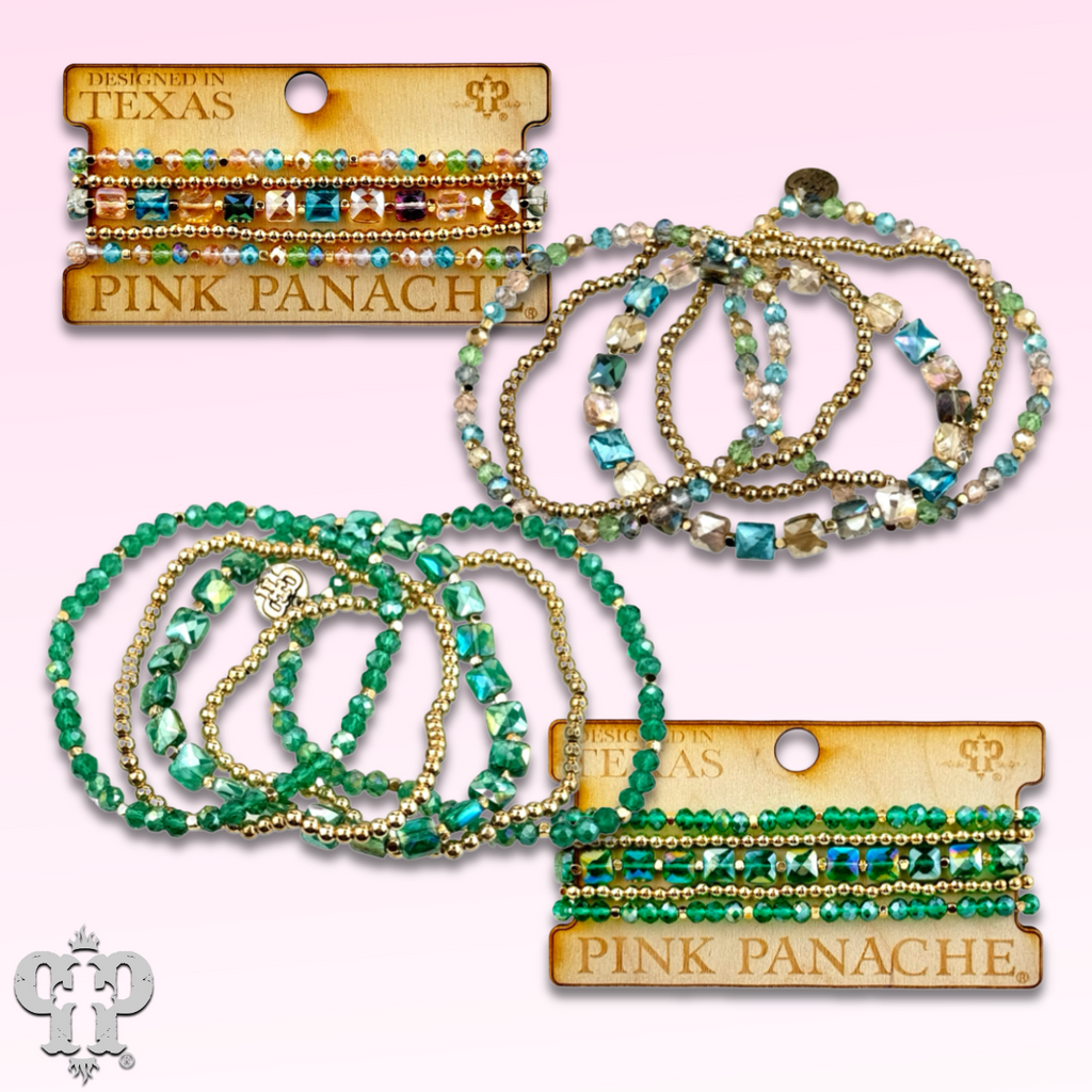 Square and round faceted bead bracelet stack