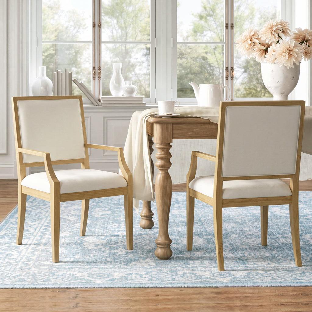 Upholstered Arm Dining Chairs with Rubber Wood Frame - Beige