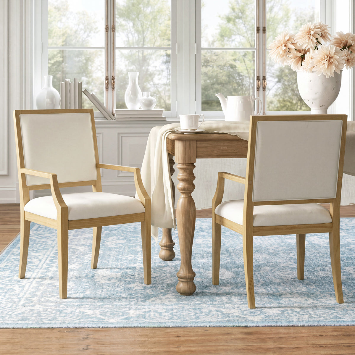 Upholstered Arm Dining Chairs with Rubber Wood Frame - Beige