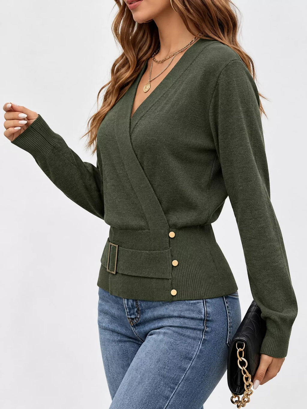 Surplice Elastic Waist Long Sleeve Knit Top