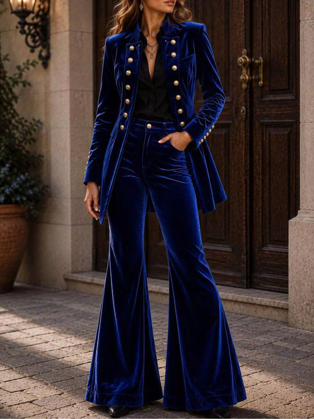 Velvet Double-Breasted Blazer and Flare Pants Set