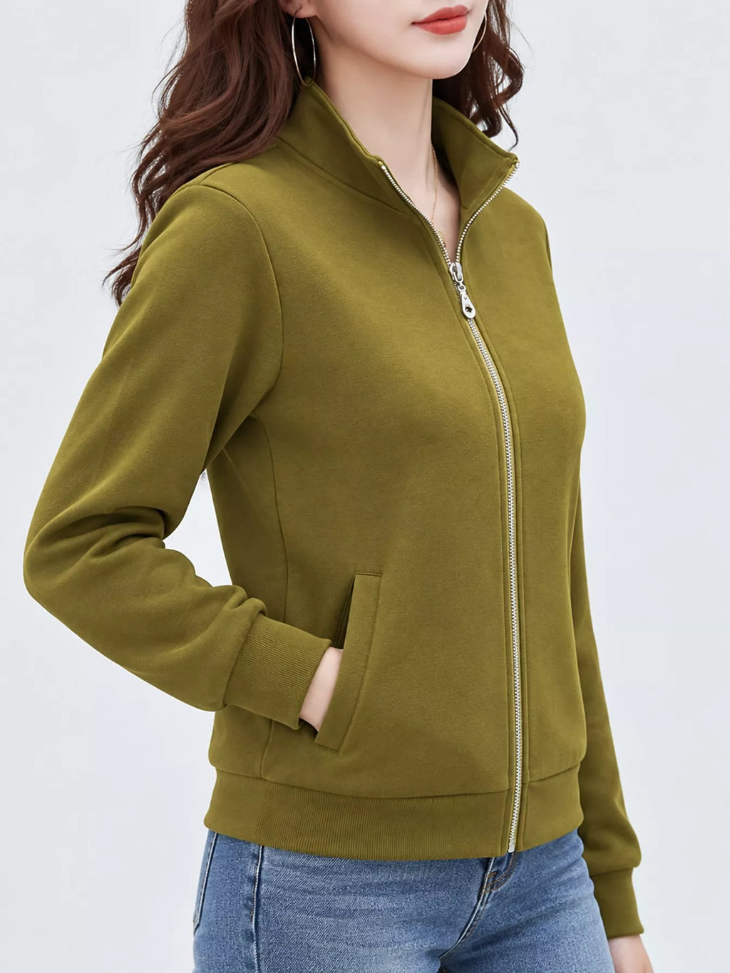 Full Size Stand-Collar Zip-Up Sweatshirt Plus Size