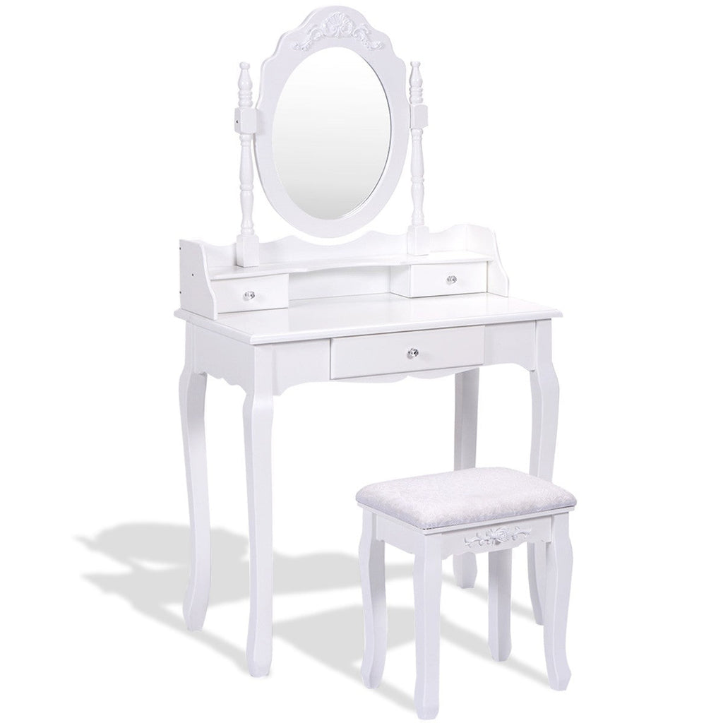 Vanity Table Set with Cushioned Stool with 360¬∞ Rotating Oval Mirror and Three Drawers-White