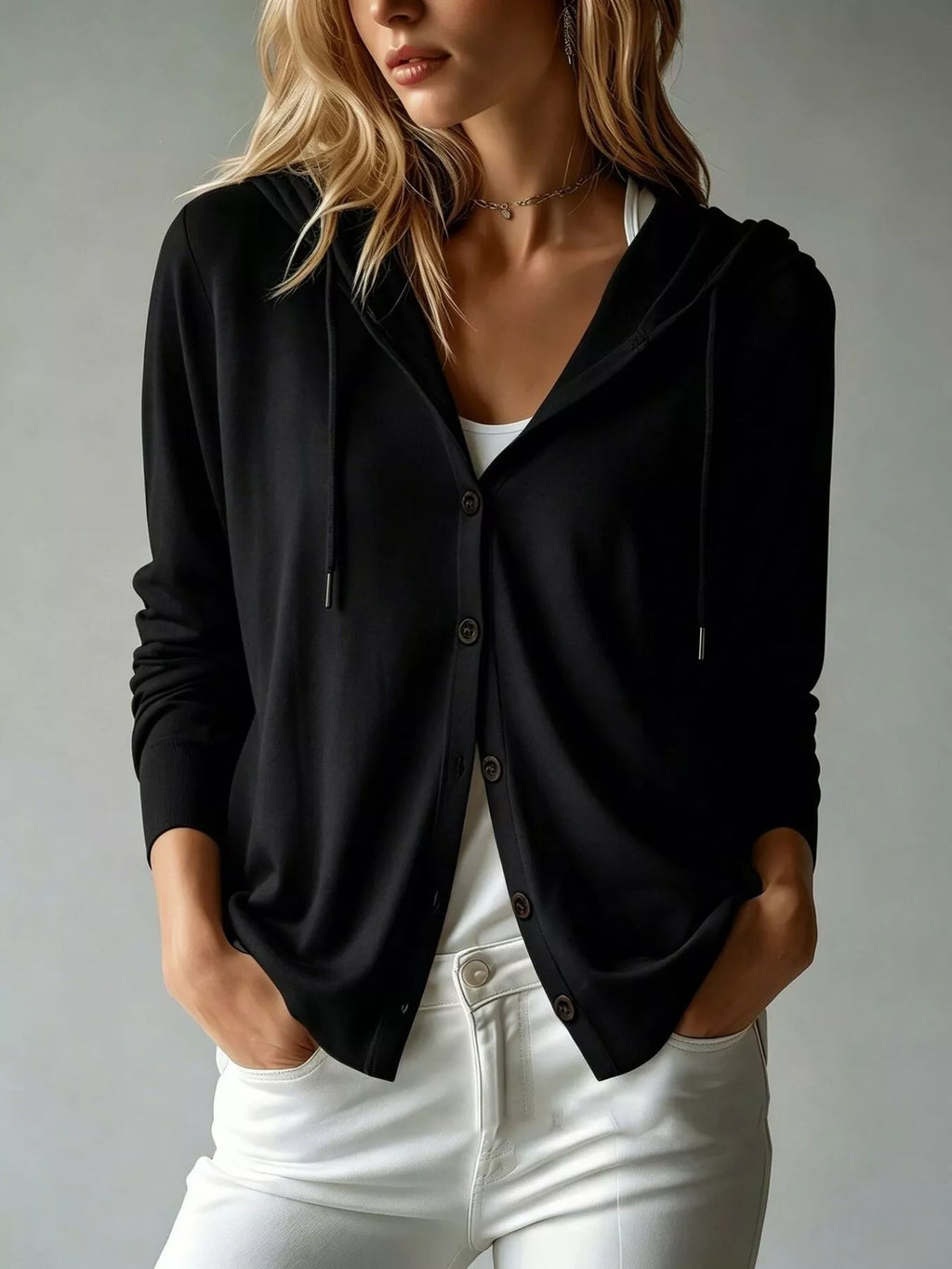 Drawstring Button Down Hooded Cardigan
