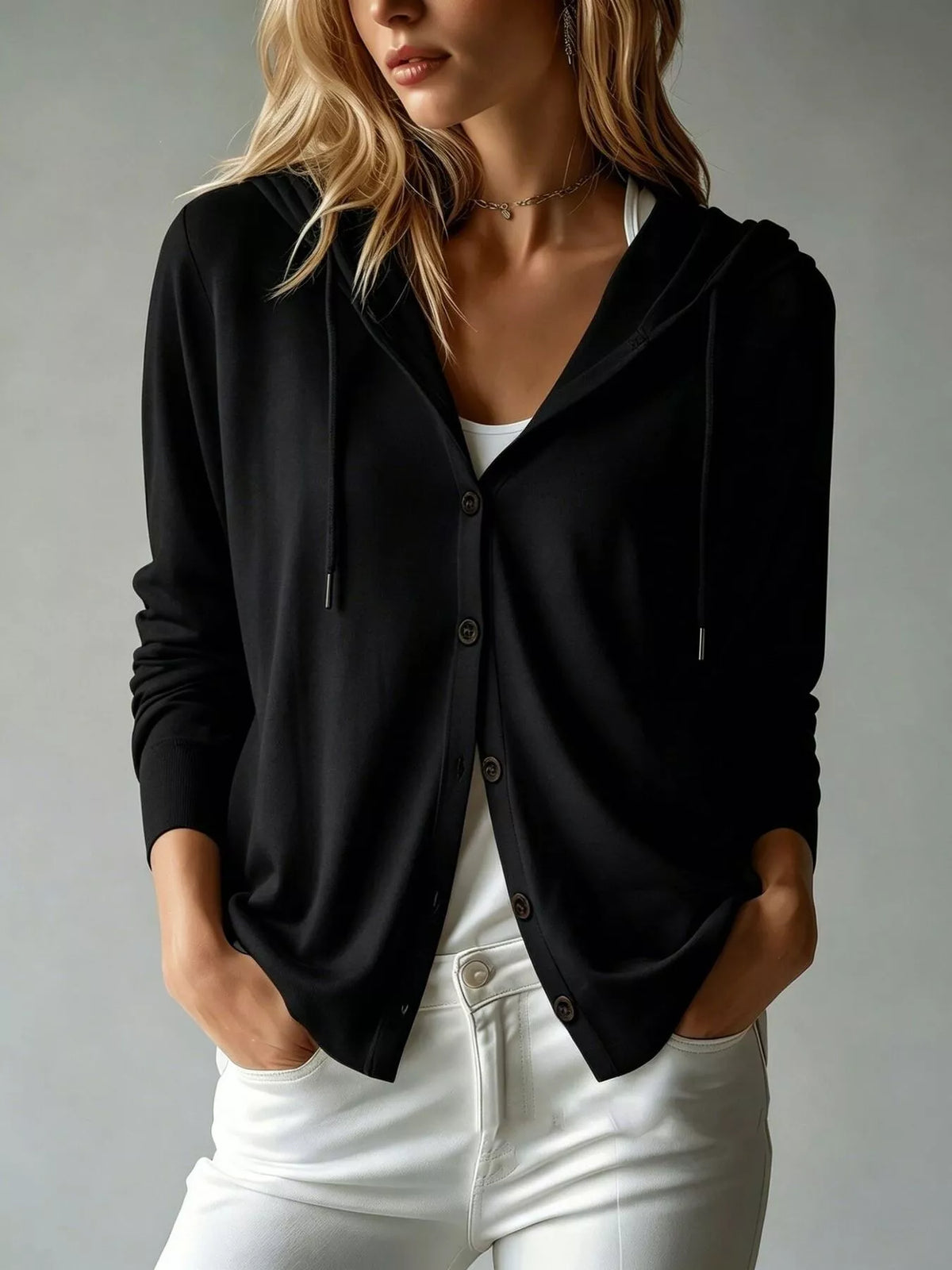 Drawstring Button Down Hooded Cardigan