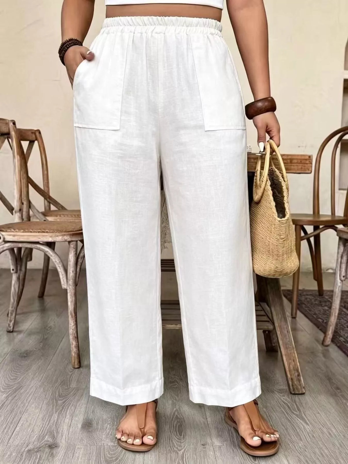 Plus Size High-Waisted Elastic Waist Pants with Pockets