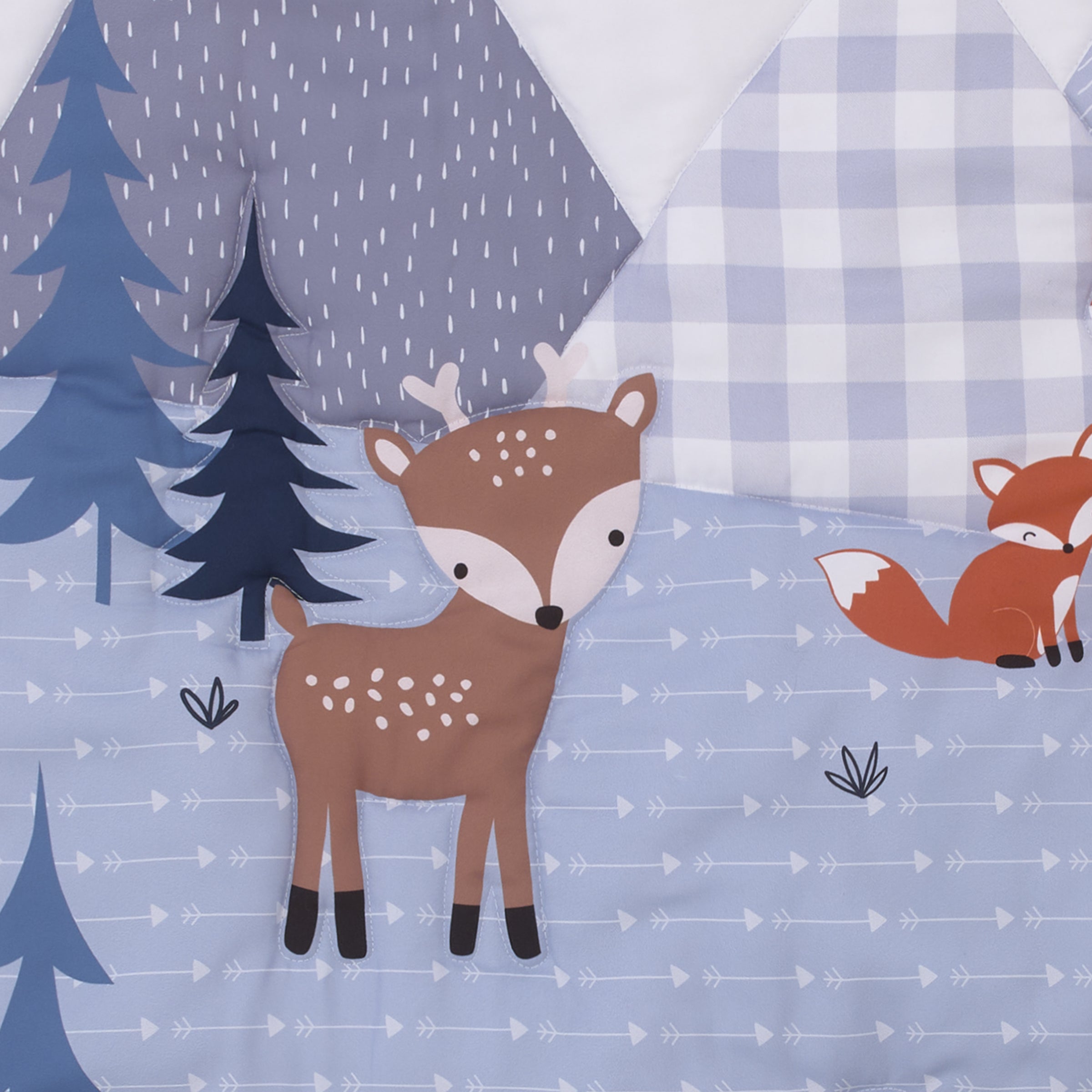 Little Love by NoJo National Park Navy Buffalo Check, Gray, Blue, and Brown Camping Bear, Deer, and Fox 3 Piece Mini Crib Bedding Set - Comforter, and Two Fitted Mini Crib Sheets