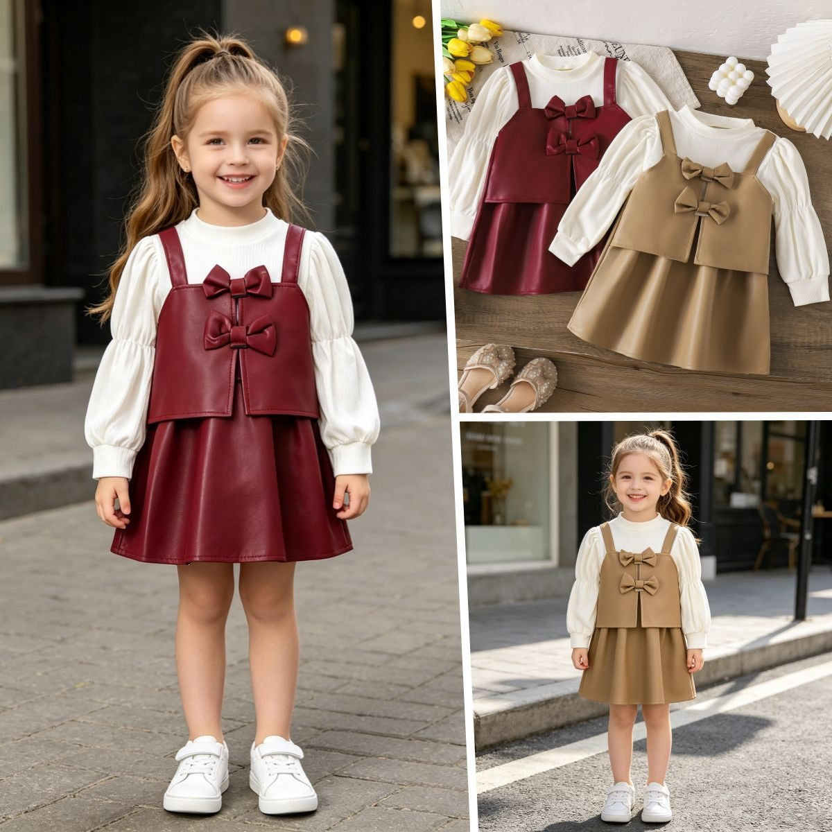 PU Leather Princess-style Long-sleeve Bow Tie Faux Two-piece Set