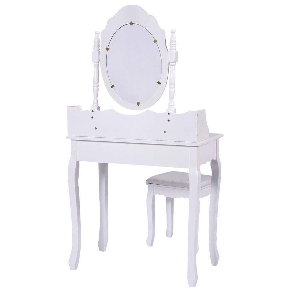 Vanity Table Set with Cushioned Stool with 360¬∞ Rotating Oval Mirror and Three Drawers-White