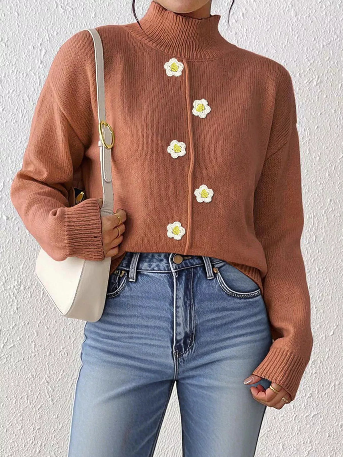 Floral Applique Turtleneck Sweater