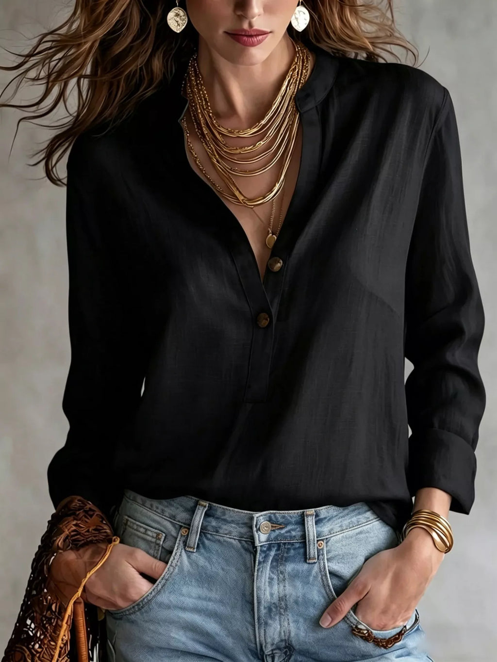 Button Detail Long Sleeve Blouse