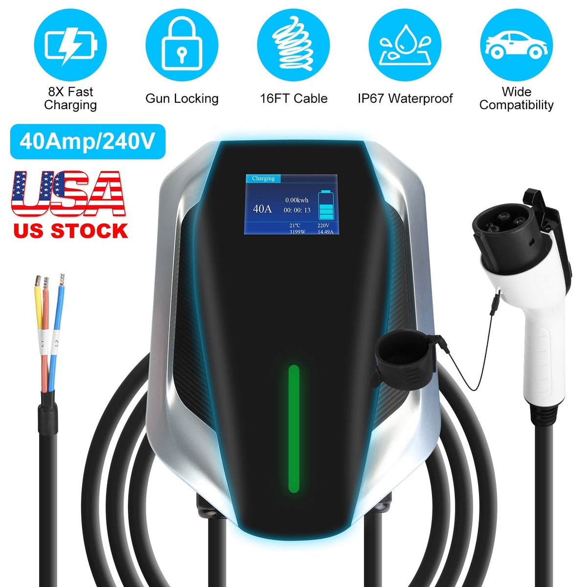 Level 2 Electric Vehicle Charger EV Wall Charger Car Charging Station with 2 Swipecards Digital Display Gun Locking for Home Garage