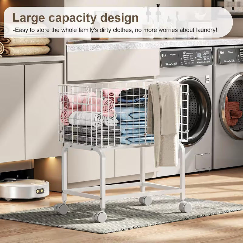 Wire Laundry Hamper Trolley Cart with Pull Handle