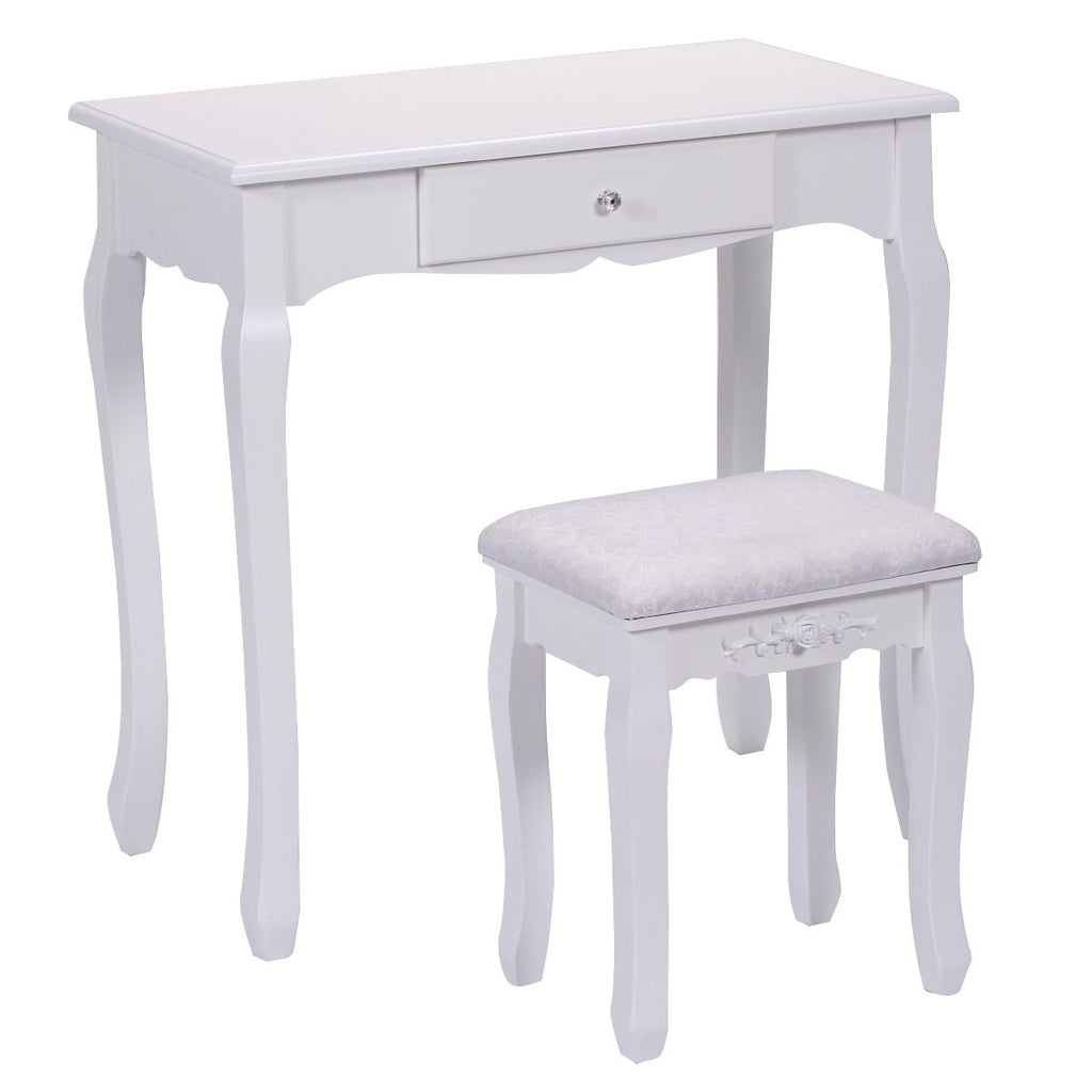 Vanity Table Set with Cushioned Stool with 360¬∞ Rotating Oval Mirror and Three Drawers-White
