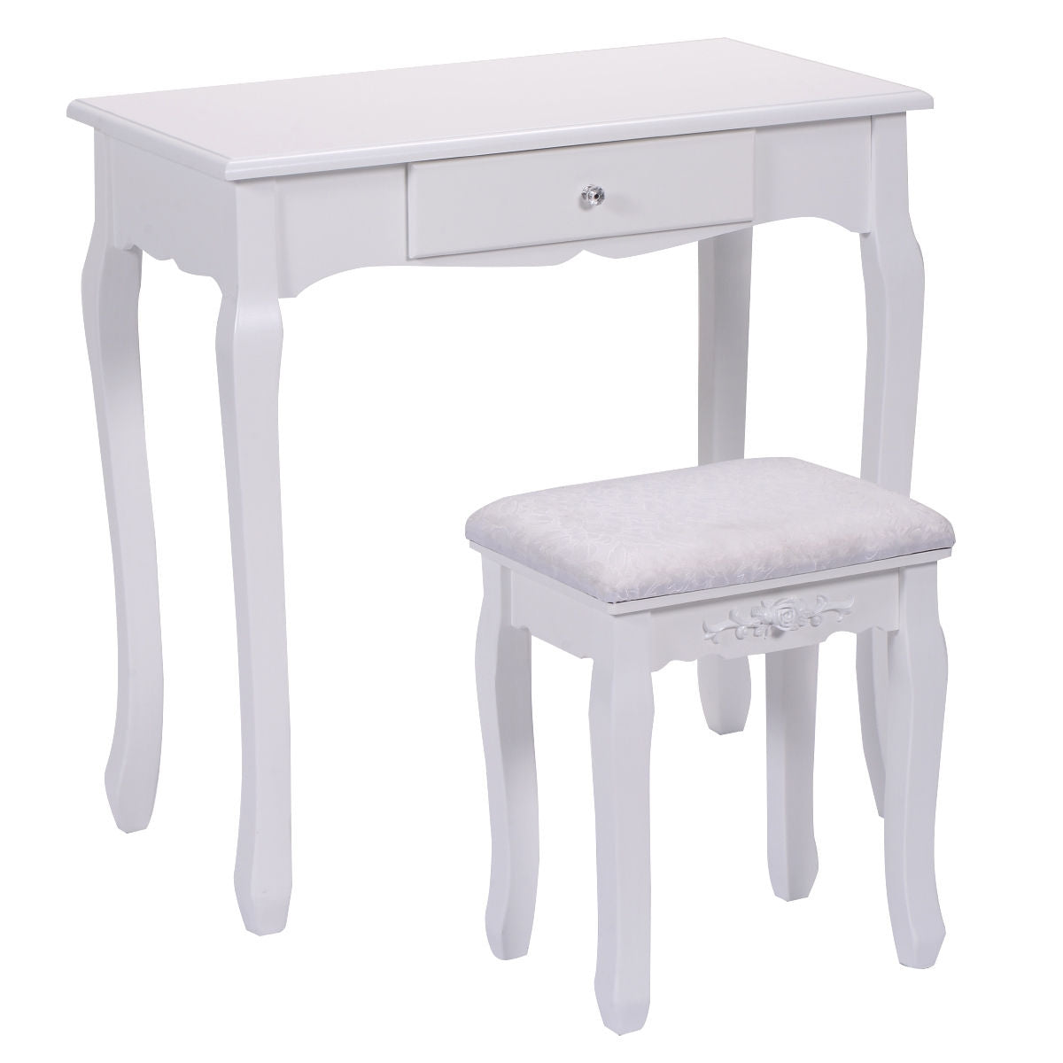Vanity Table Set with Cushioned Stool with 360¬∞ Rotating Oval Mirror and Three Drawers-White