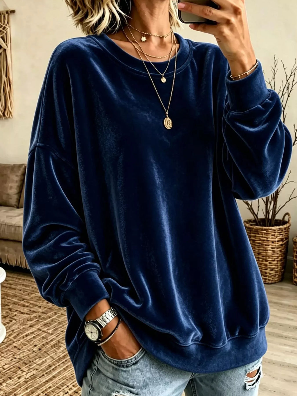 Full Size Loose Fit Velvet Dropped Shoulder Sweatshirt Plus Size